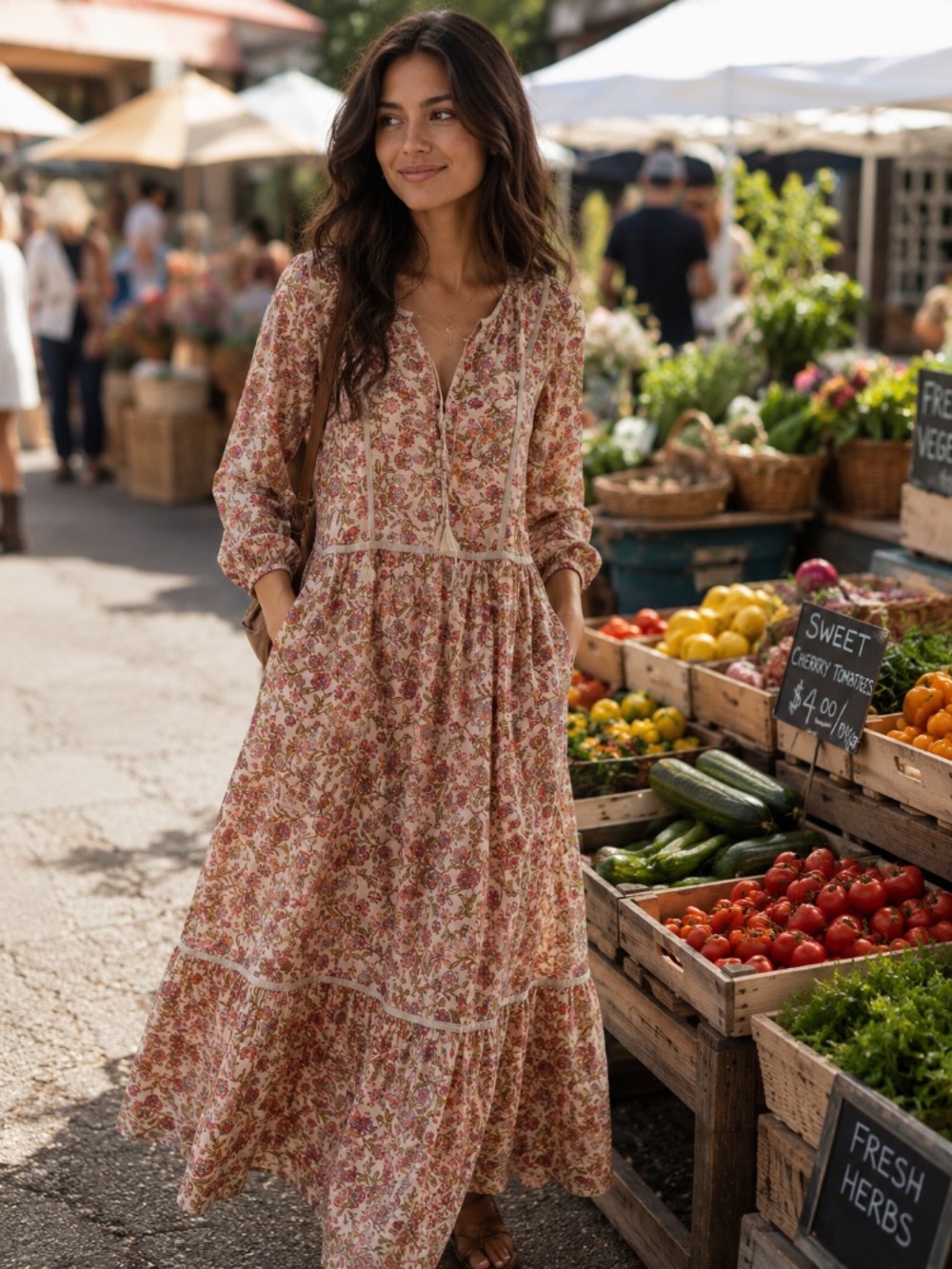 Floral Peach Midi Dress with Long Sleeves
